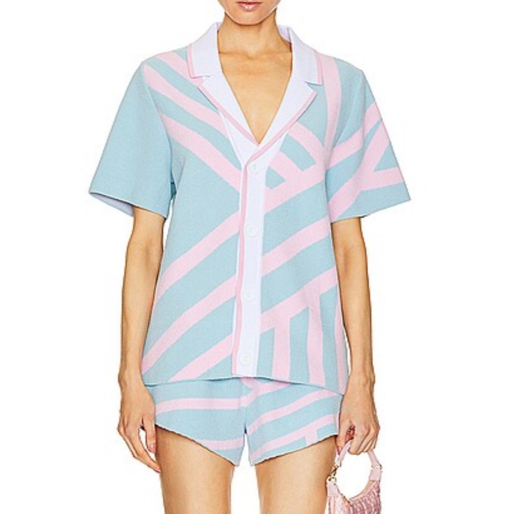SER.O.YA Pastel Blue and Pink Striped Short-Sleeve Top